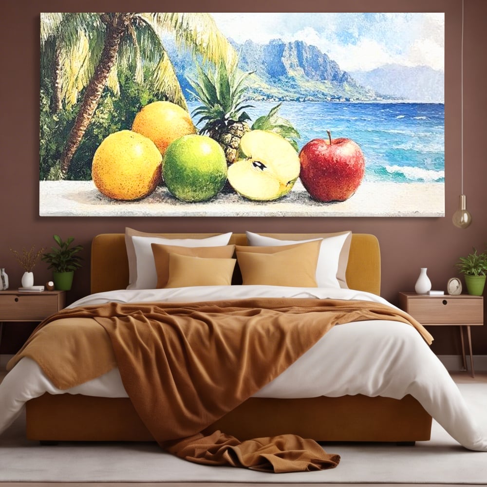 Tablou canvas cu natura moarta cu fructe tropicale si ocean, fara rama, pe sasiu de lemn, pe perete intr-un dormitor